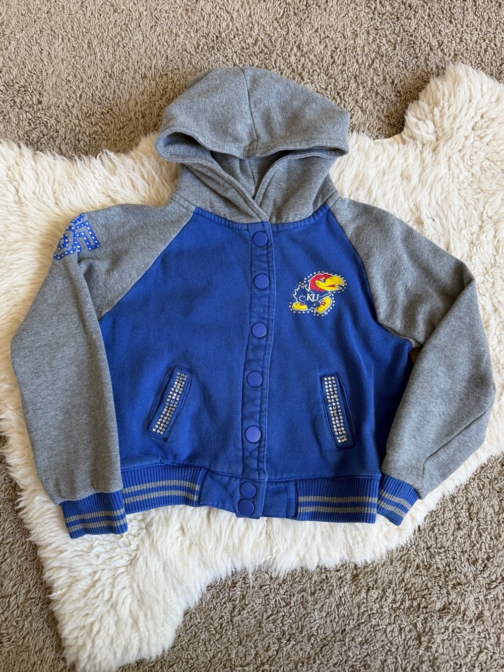 Kansas Jayhawks KU Snap-up Hoodie | Bedazzled | Sz 7-8